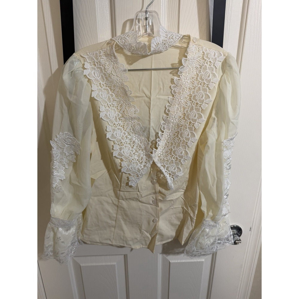 Temu Cream Lace Blouse White Trim V-Neck Puff Sleeve Top XL SY-128-CDW-B